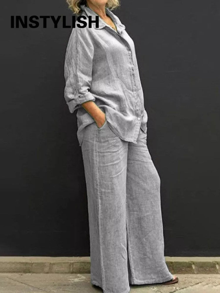 Women Autumn Linen Lapel Shirt Two Pieces Set Vintage Solid Long Sleeve Button Blouse and Loose Straight Pants Casual Suits - Taylor K Shop