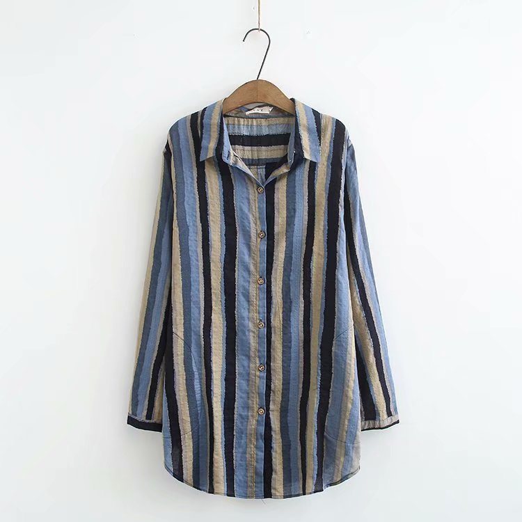 Women Autumn Stripe Lapel Neck Blouses Loose Tops - Taylor K Shop