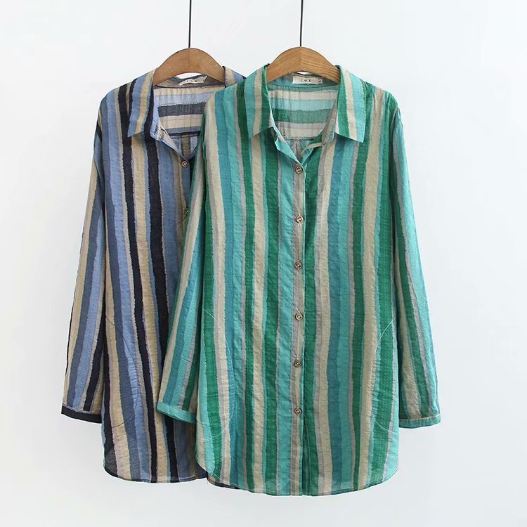 Women Autumn Stripe Lapel Neck Blouses Loose Tops - Taylor K Shop