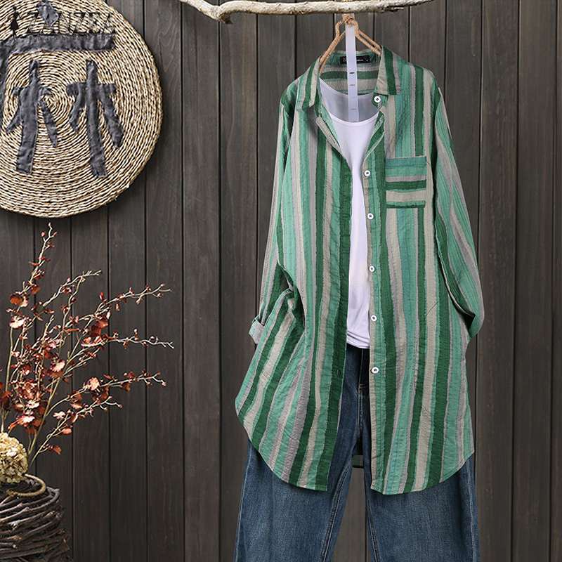 Women Autumn Stripe Lapel Neck Blouses Loose Tops - Taylor K Shop