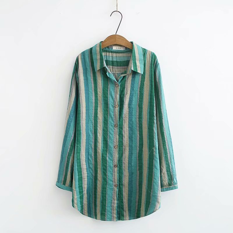 Women Autumn Stripe Lapel Neck Blouses Loose Tops - Taylor K Shop