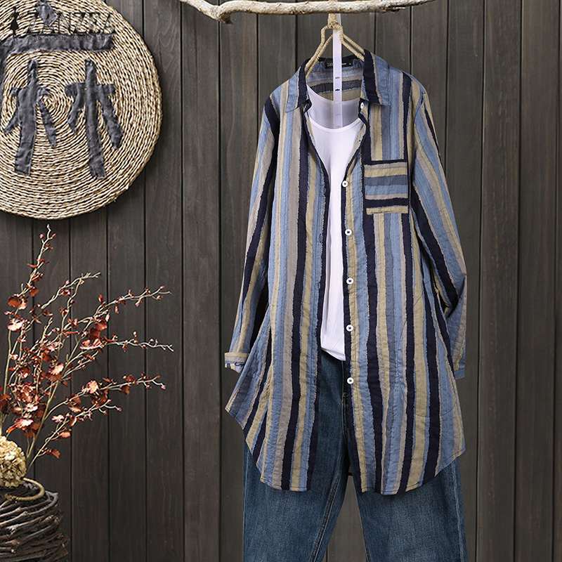 Women Autumn Stripe Lapel Neck Blouses Loose Tops - Taylor K Shop