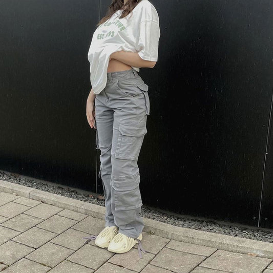 Women Cargo Pants Low Waist Vintage Grey Loose Streetwear Baggy Jeans Retro Sporty Pockets Wide Leg Y2K Denim Trousers Overalls - Taylor K Shop