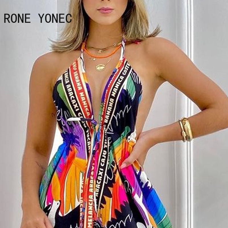 Women Elegant Halter Lace Up All Over Print Deep V Neck Backless Silt Sexy Maxi Summer Vacation Dresses - Taylor K Shop