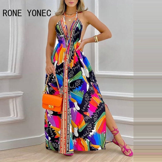 Women Elegant Halter Lace Up All Over Print Deep V Neck Backless Silt Sexy Maxi Summer Vacation Dresses - Taylor K Shop