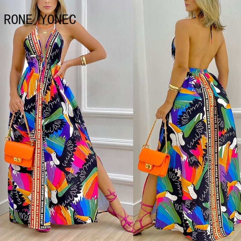 Women Elegant Halter Lace Up All Over Print Deep V Neck Backless Silt Sexy Maxi Summer Vacation Dresses - Taylor K Shop