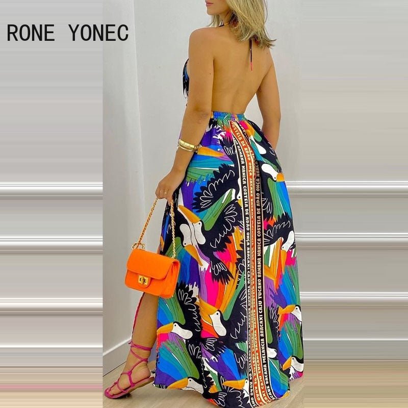 Women Elegant Halter Lace Up All Over Print Deep V Neck Backless Silt Sexy Maxi Summer Vacation Dresses - Taylor K Shop