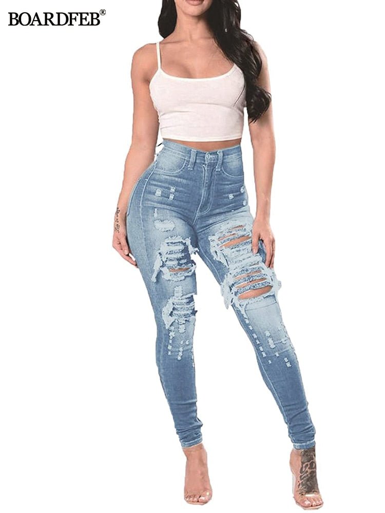 Women Ripped Jeans High Waist Stretch Skinny Slim Fit Female Pencil Y2K Pants Destroyed Denim Pants Ladies Casual Hole Trousers - Taylor K Shop