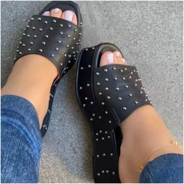 Women Rivet Slippers Summer High Heel Plats Shoes Peep - toe Beach Shoes - Taylor K Shop