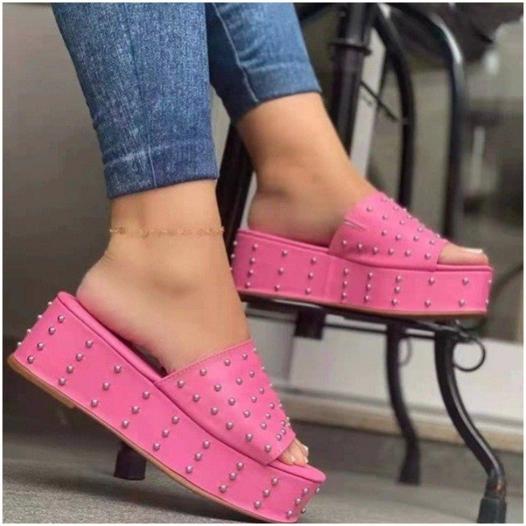 Women Rivet Slippers Summer High Heel Plats Shoes Peep - toe Beach Shoes - Taylor K Shop