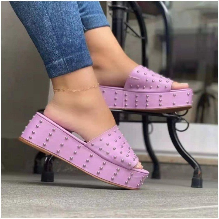 Women Rivet Slippers Summer High Heel Plats Shoes Peep - toe Beach Shoes - Taylor K Shop