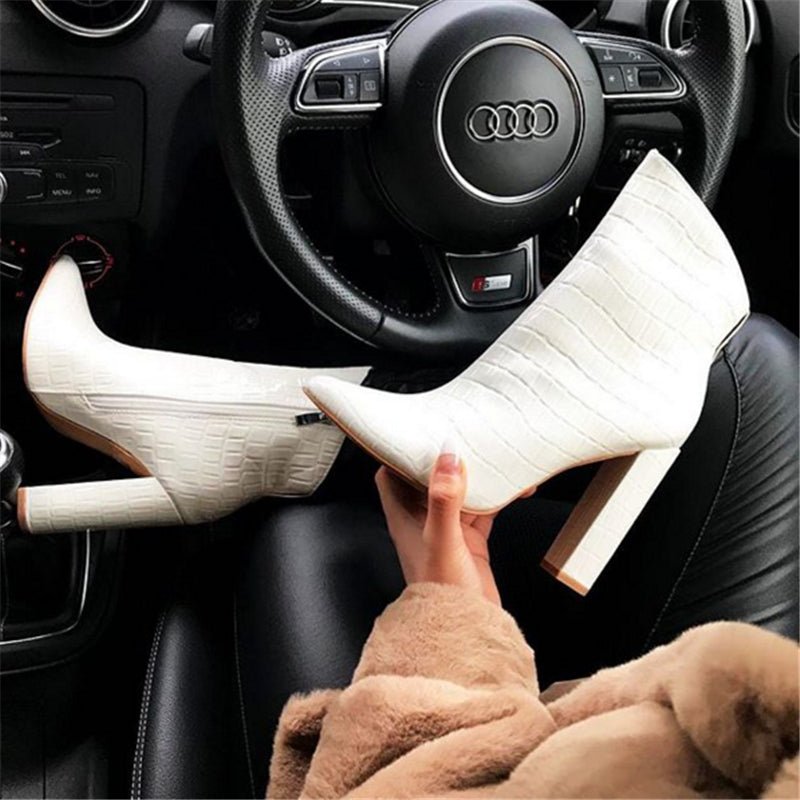 Women Shoes High Heels Leather White Ankle Boots - Taylor K Shop