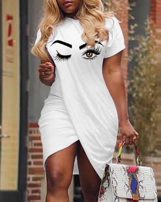 Women Short Sleeve Mini Dress Bodycon Eyes Print Overlap Short Sleeve Casual Dress Slim Fashion Summer - Taylor K Shop