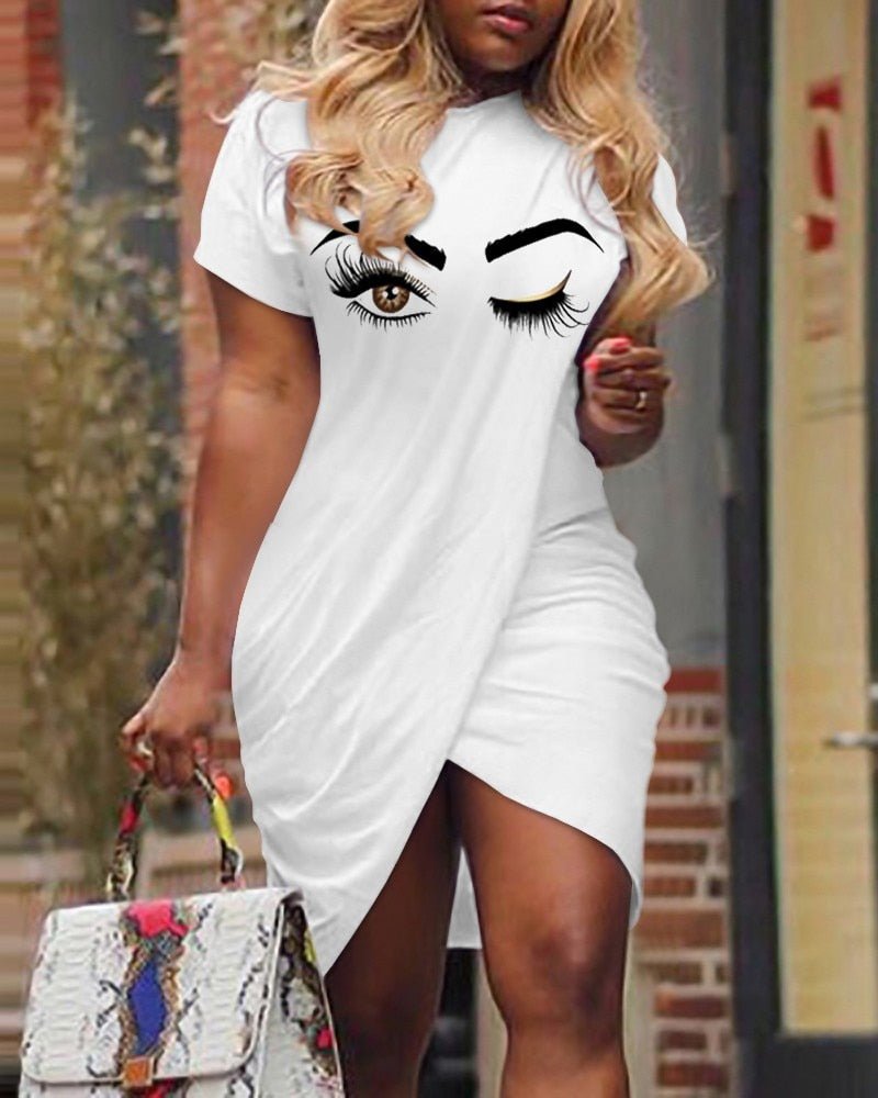 Women Short Sleeve Mini Dress Bodycon Eyes Print Overlap Short Sleeve Casual Dress Slim Fashion Summer - Taylor K Shop