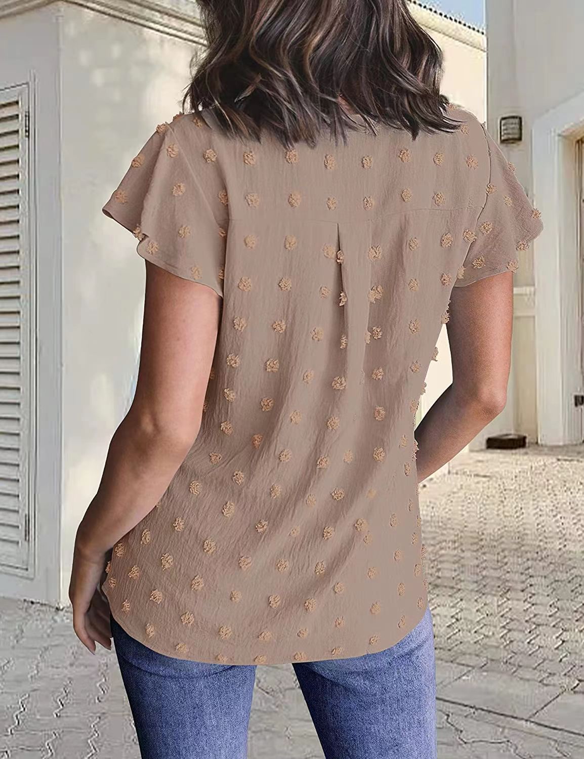 Women Summer V Neck Ruffle Short Sleeve Blouse Dot Flowy Shirt Top - Taylor K Shop