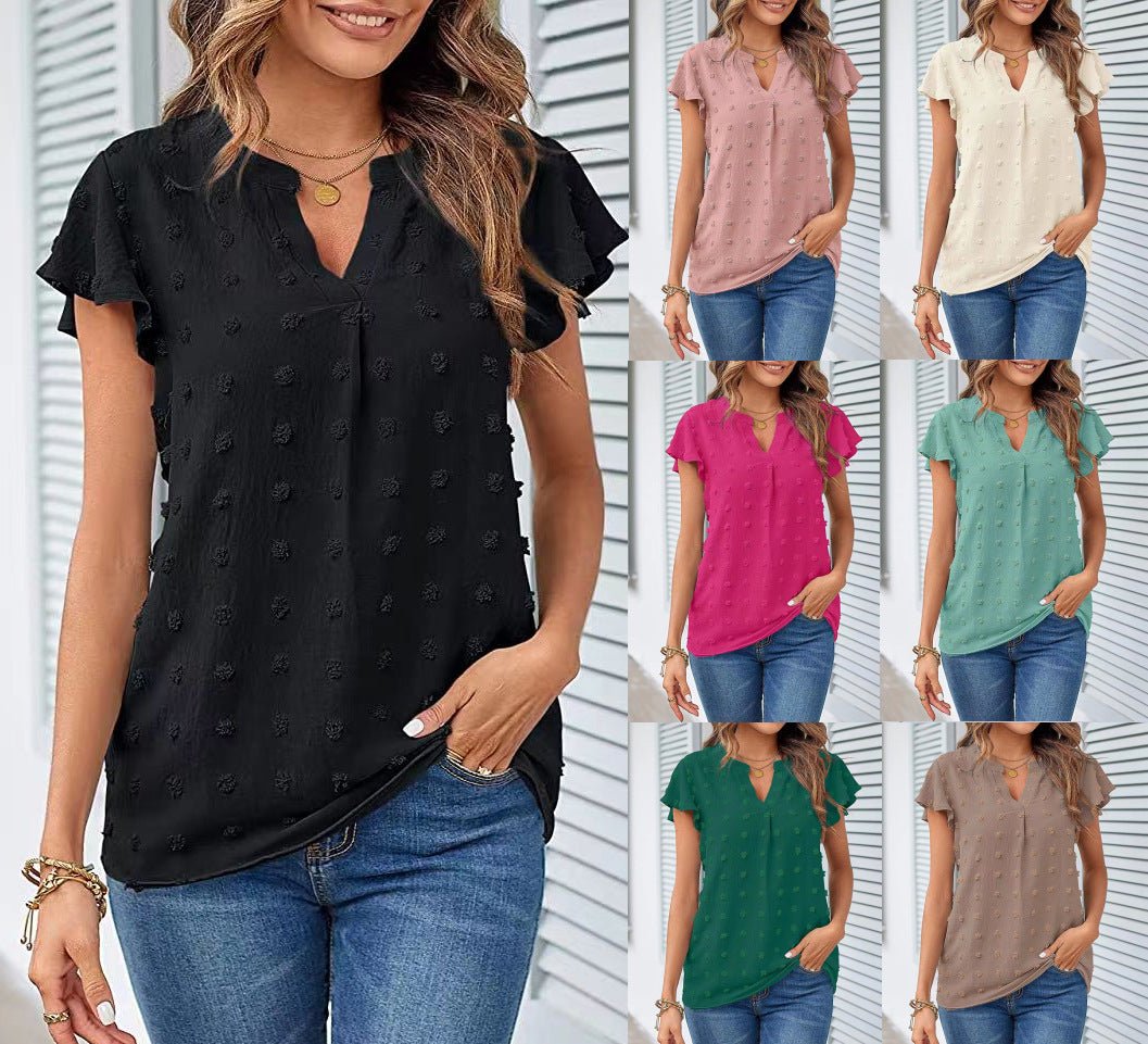 Women Summer V Neck Ruffle Short Sleeve Blouse Dot Flowy Shirt Top - Taylor K Shop