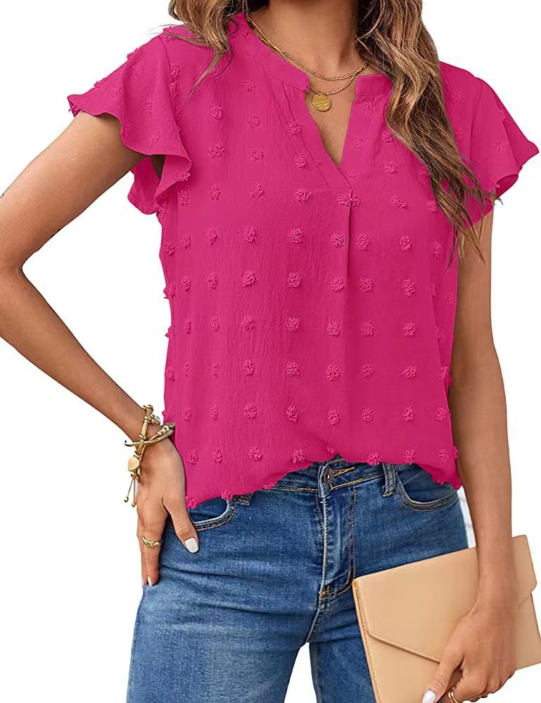 Women Summer V Neck Ruffle Short Sleeve Blouse Dot Flowy Shirt Top - Taylor K Shop
