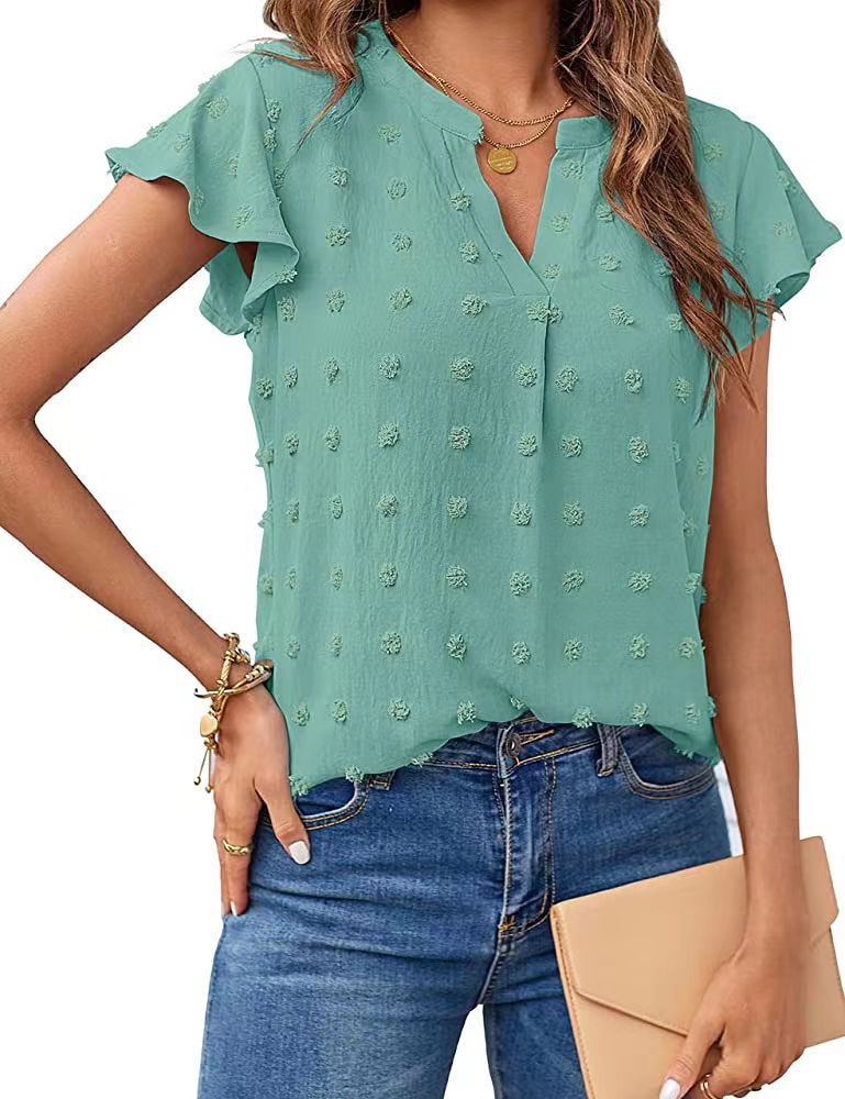 Women Summer V Neck Ruffle Short Sleeve Blouse Dot Flowy Shirt Top - Taylor K Shop