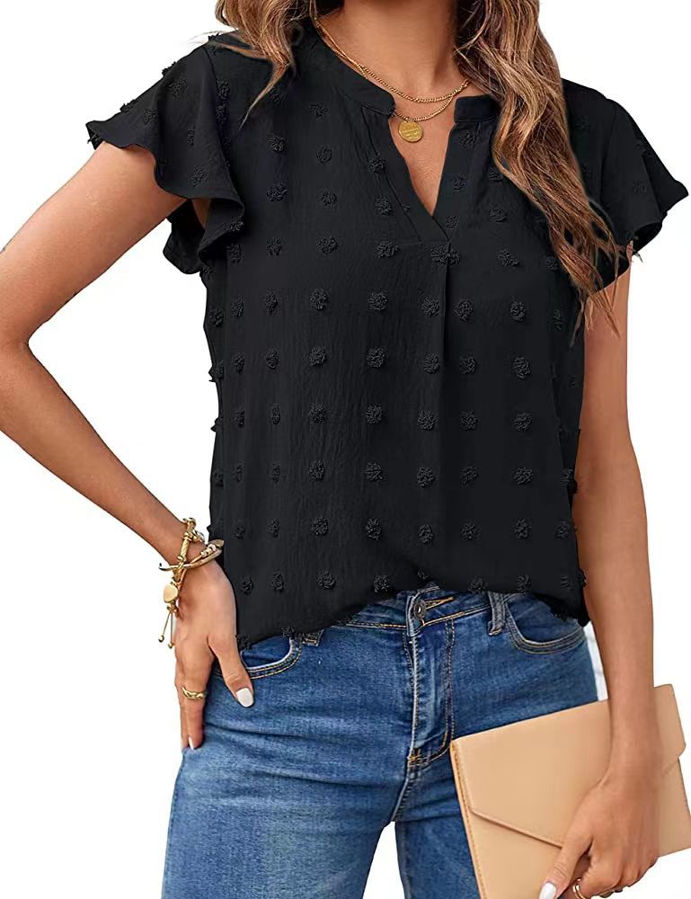 Women Summer V Neck Ruffle Short Sleeve Blouse Dot Flowy Shirt Top - Taylor K Shop