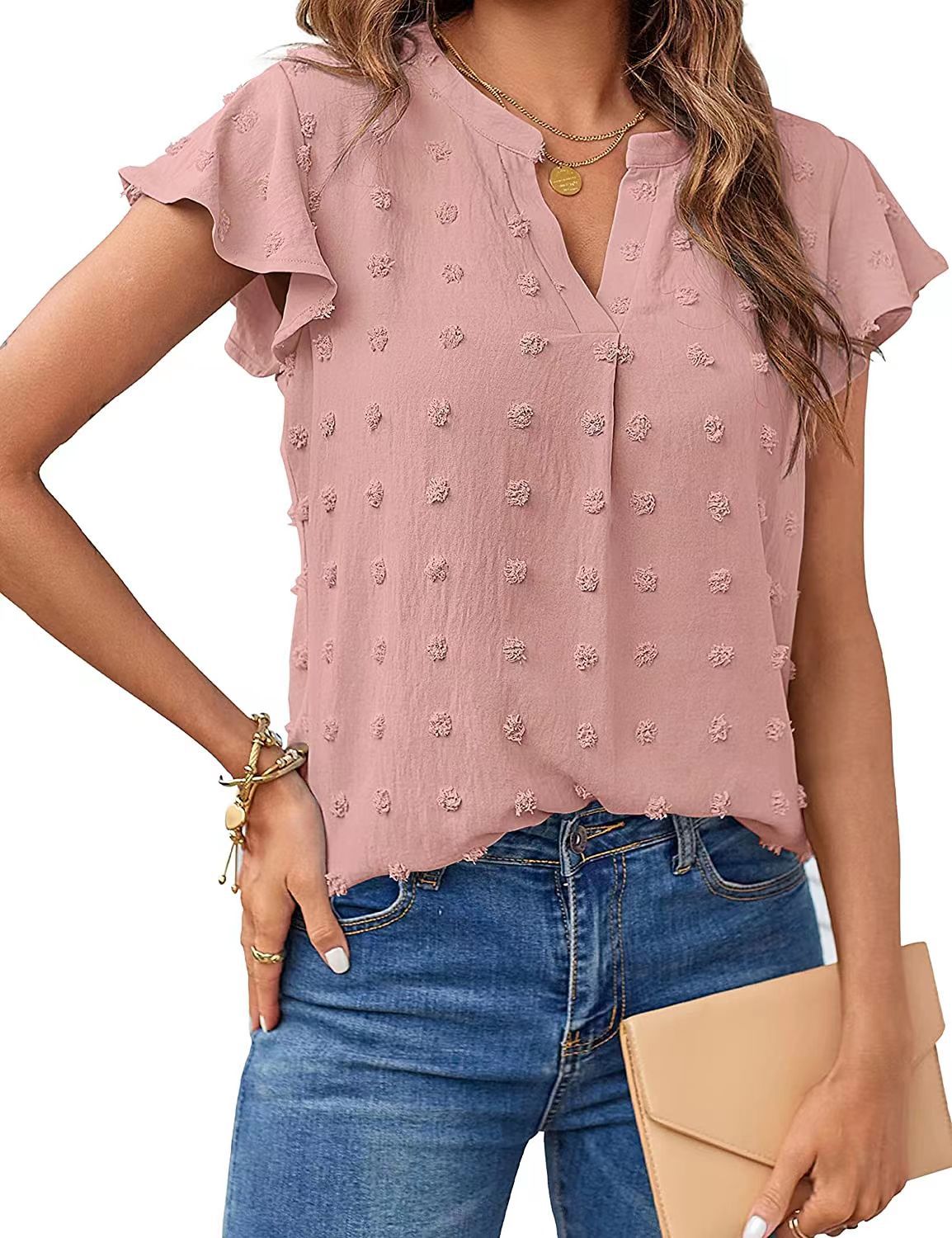 Women Summer V Neck Ruffle Short Sleeve Blouse Dot Flowy Shirt Top - Taylor K Shop