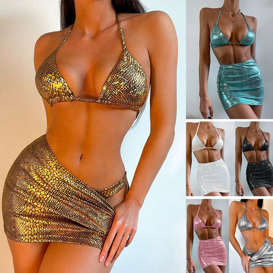 Women's 3 Piece Bathing Suits Halter Snake Pattern Bikini Set With Cover Up Skirt - Taylor K Shop