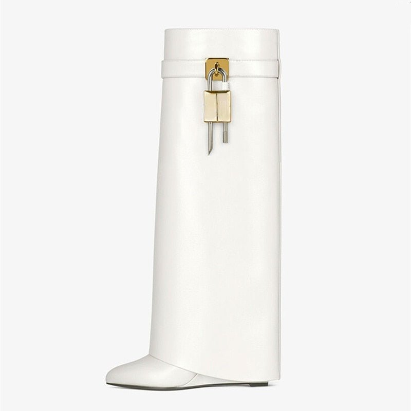 Women's New Knee High Boots Shark Lock Long Thick Soled High - heeled Boots Designer Luxury Brand Women's, Leather Boots - Taylor K Shop