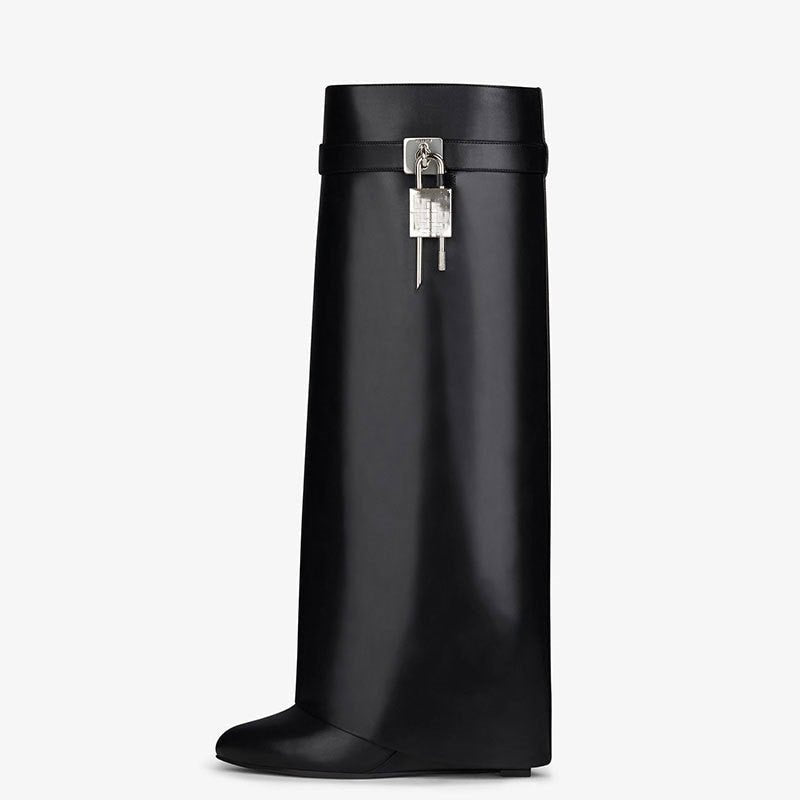 Women's New Knee High Boots Shark Lock Long Thick Soled High - heeled Boots Designer Luxury Brand Women's, Leather Boots - Taylor K Shop