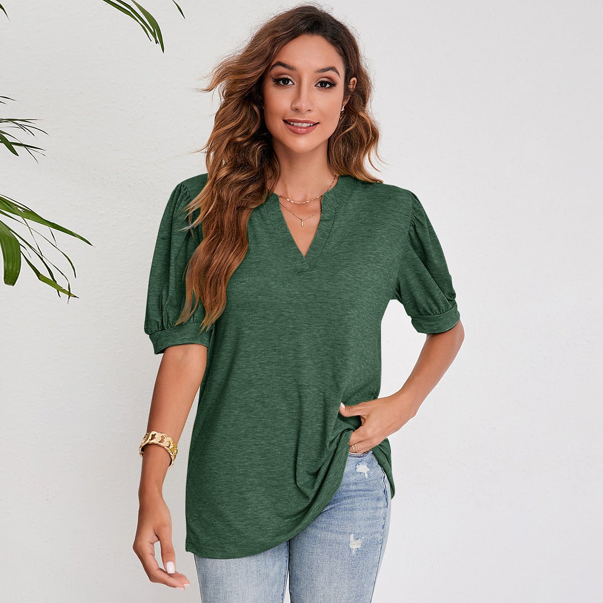Women's Pleated Puff Sleeve Tops Summer V Neck T Shirts Casual Loose Blouses - Taylor K Shop