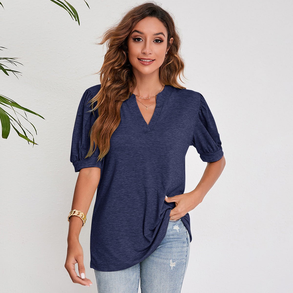 Women's Pleated Puff Sleeve Tops Summer V Neck T Shirts Casual Loose Blouses - Taylor K Shop
