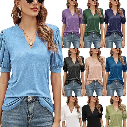 Women's Pleated Puff Sleeve Tops Summer V Neck T Shirts Casual Loose Blouses - Taylor K Shop