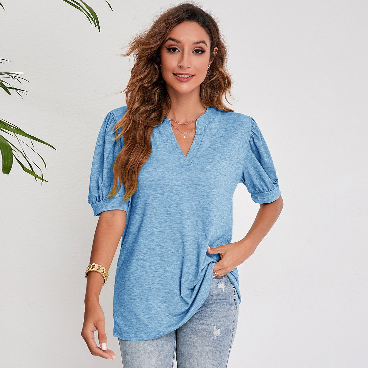 Women's Pleated Puff Sleeve Tops Summer V Neck T Shirts Casual Loose Blouses - Taylor K Shop