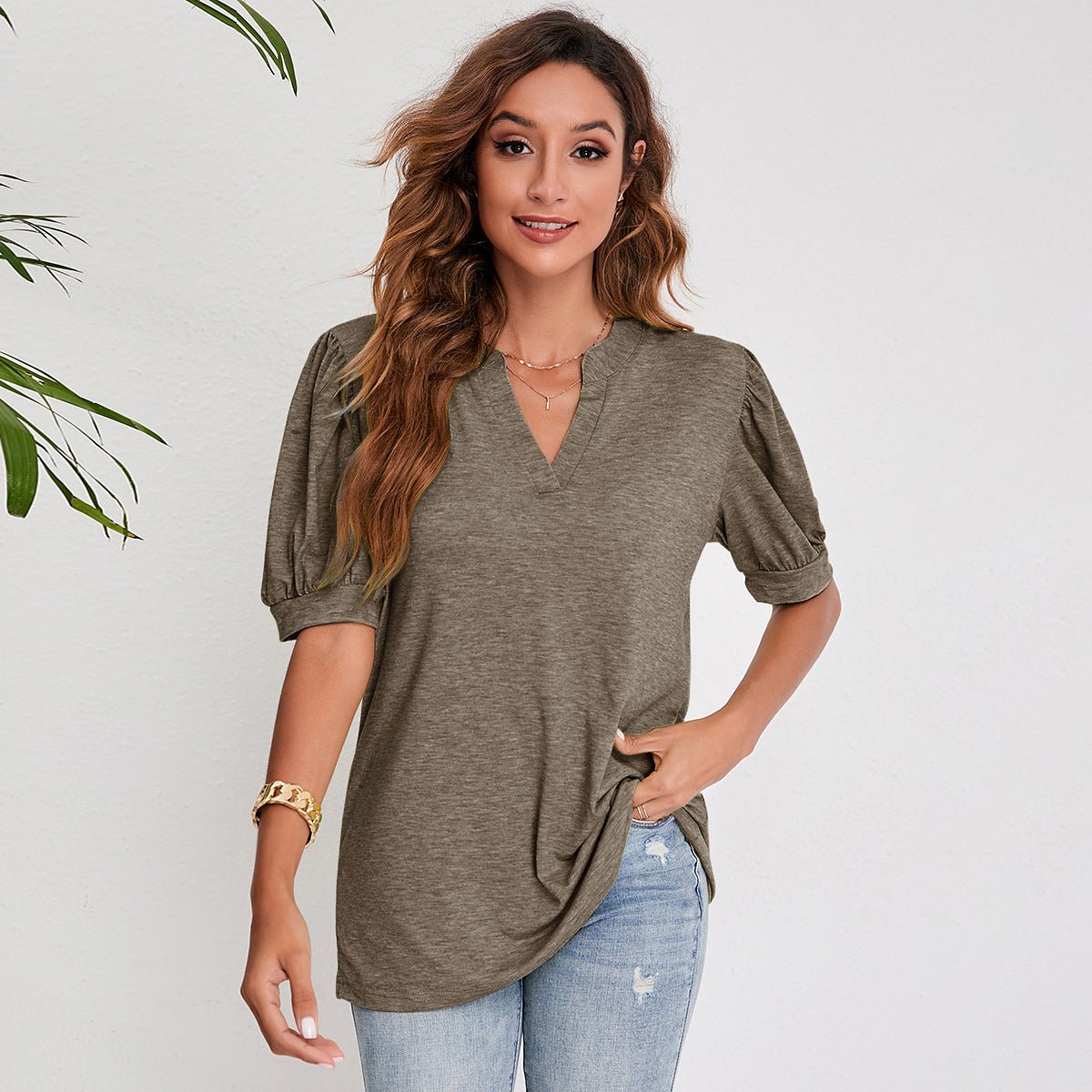 Women's Pleated Puff Sleeve Tops Summer V Neck T Shirts Casual Loose Blouses - Taylor K Shop