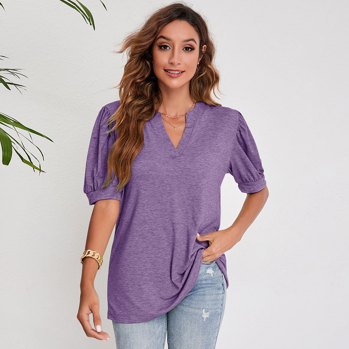 Women's Pleated Puff Sleeve Tops Summer V Neck T Shirts Casual Loose Blouses - Taylor K Shop
