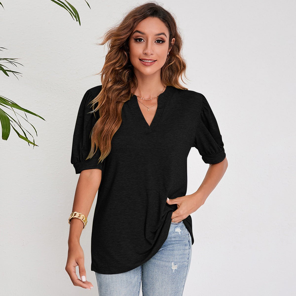 Women's Pleated Puff Sleeve Tops Summer V Neck T Shirts Casual Loose Blouses - Taylor K Shop