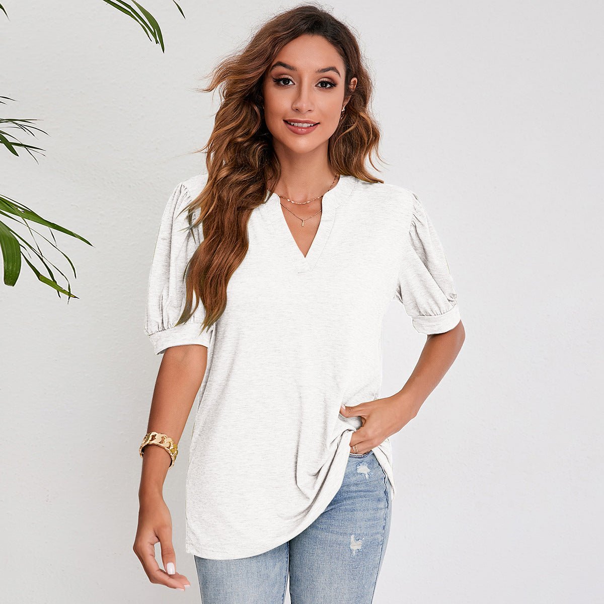 Women's Pleated Puff Sleeve Tops Summer V Neck T Shirts Casual Loose Blouses - Taylor K Shop