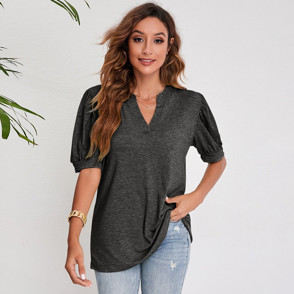 Women's Pleated Puff Sleeve Tops Summer V Neck T Shirts Casual Loose Blouses - Taylor K Shop