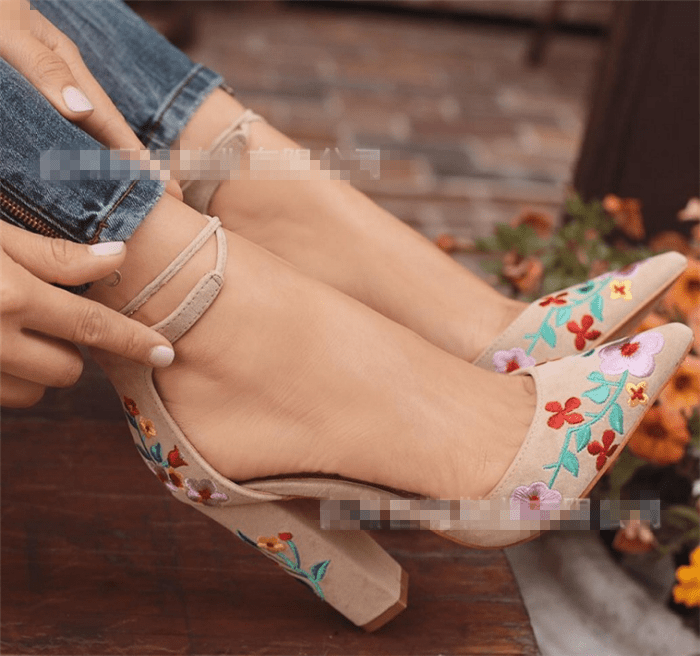 Womens Pumps Shoes Dorsay Ankle Strap Block High Heels Embroidery Flowers - Taylor K Shop
