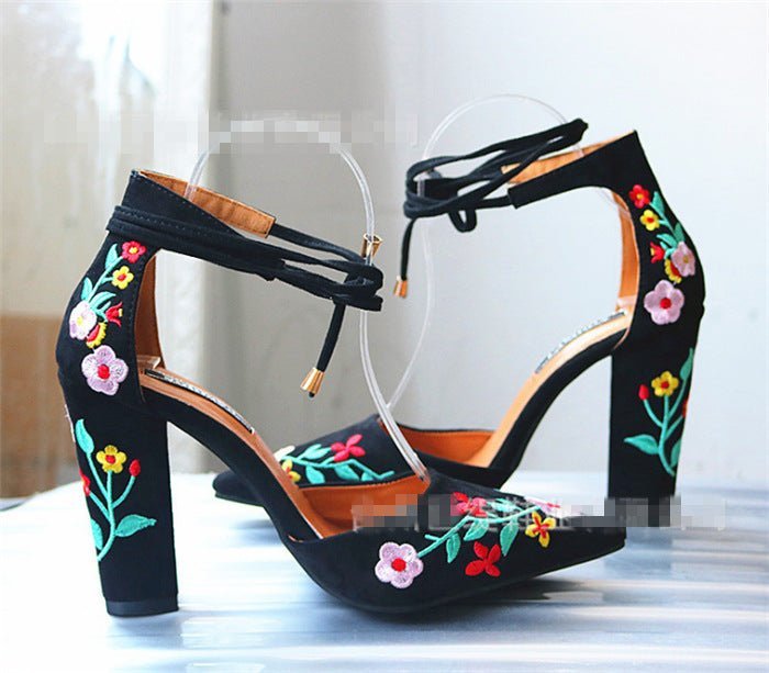 Womens Pumps Shoes Dorsay Ankle Strap Block High Heels Embroidery Flowers - Taylor K Shop