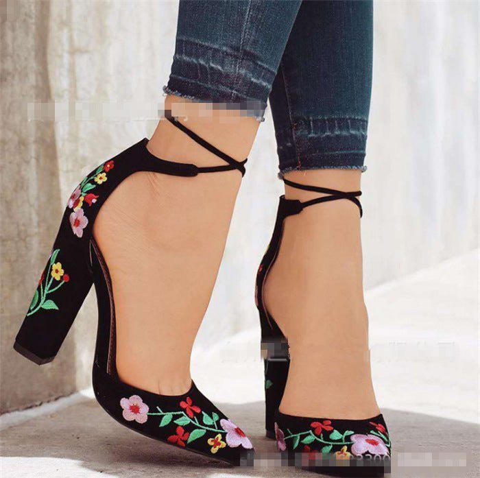 Womens Pumps Shoes Dorsay Ankle Strap Block High Heels Embroidery Flowers - Taylor K Shop