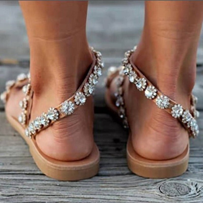 Women's Sandals Mules Boho Beach Shoes Rhinestone Lace Beading Flat Slippers - Taylor K Shop
