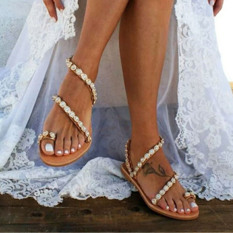 Women's Sandals Mules Boho Beach Shoes Rhinestone Lace Beading Flat Slippers - Taylor K Shop
