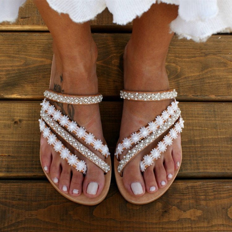 Women's Sandals Mules Boho Beach Shoes Rhinestone Lace Beading Flat Slippers - Taylor K Shop