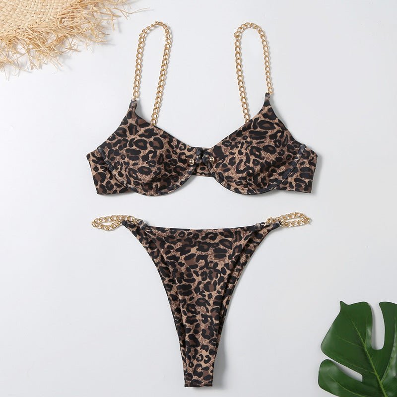 Women's Sexy Split Chain Solid Color Halter Strap Bikini Swimsuit Two Piece Swimwear Beachwear - Taylor K Shop