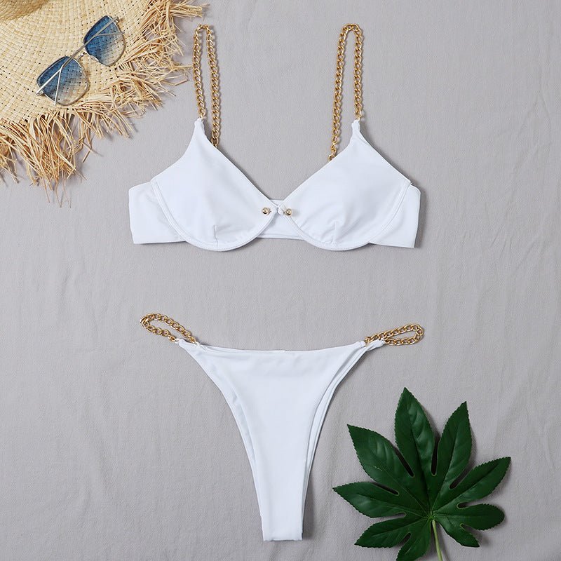 Women's Sexy Split Chain Solid Color Halter Strap Bikini Swimsuit Two Piece Swimwear Beachwear - Taylor K Shop