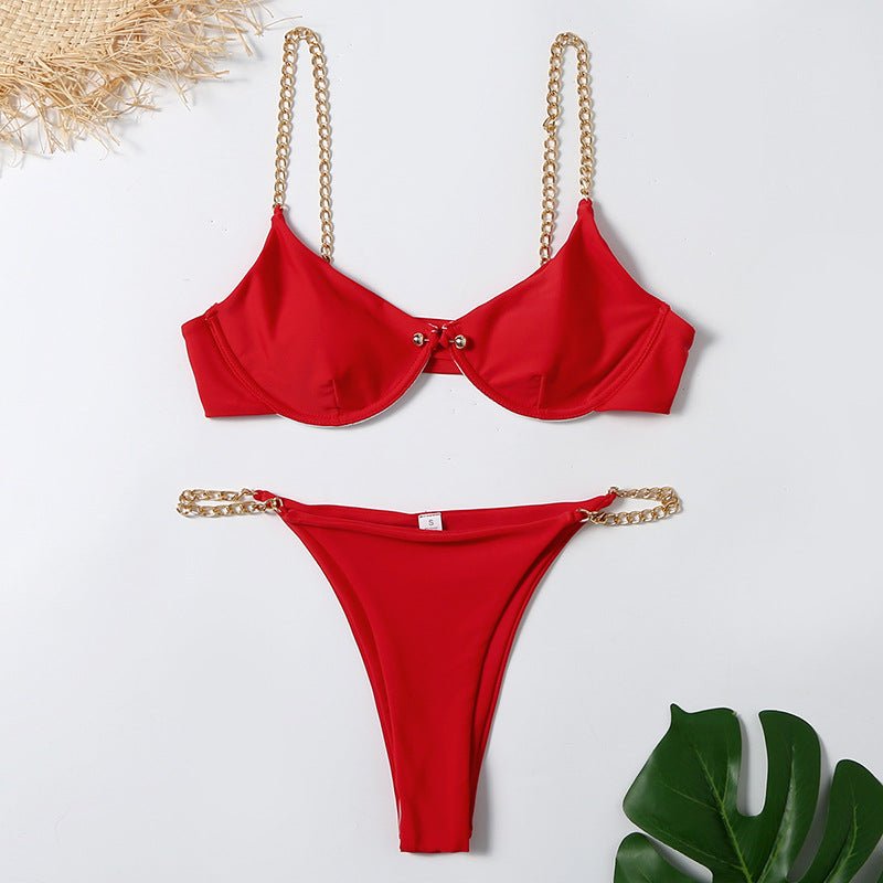 Women's Sexy Split Chain Solid Color Halter Strap Bikini Swimsuit Two Piece Swimwear Beachwear - Taylor K Shop