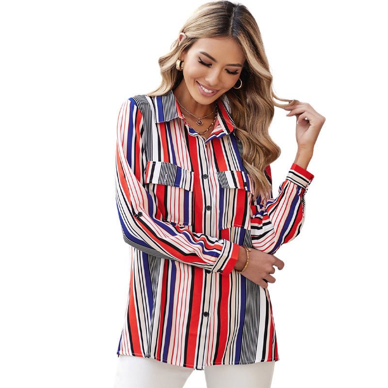 Women's Striped Blouse Design Lapel Single - breasted Long - sleeved Plus Size Blouse - Taylor K Shop