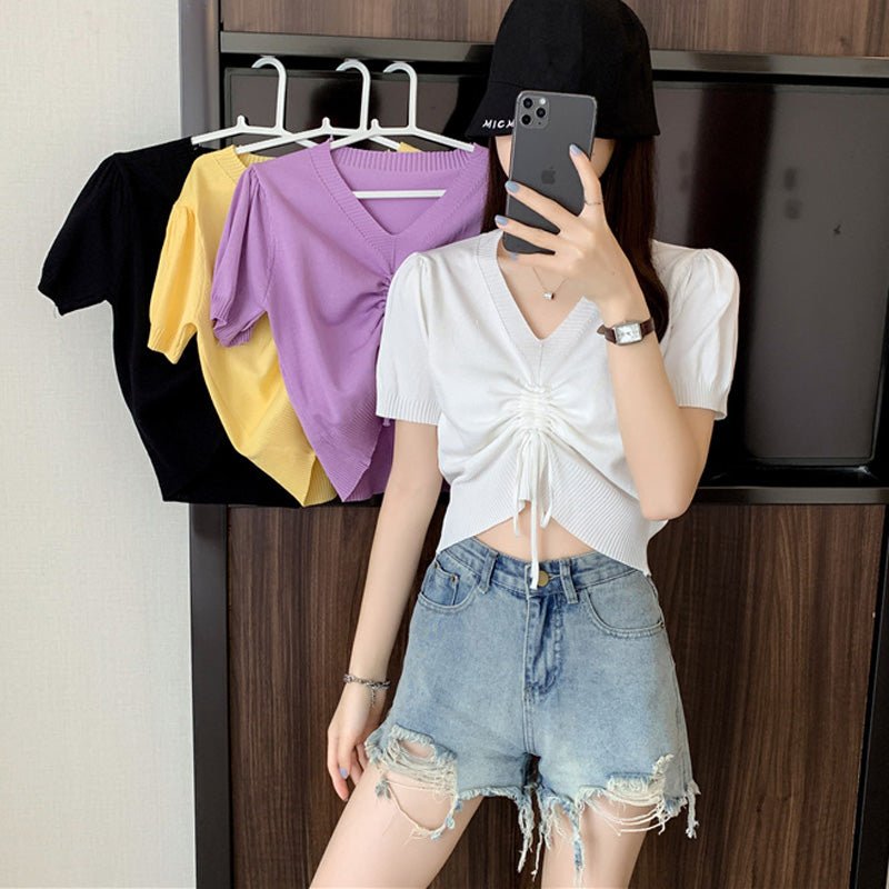Women's V - neck Blouse Summer Knit Short Sleeve - Taylor K Shop